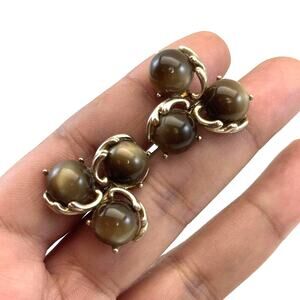 Vintage Jewelry Gold Toned tigers eye Brown Stone Clip On Earrings Cluster B#18